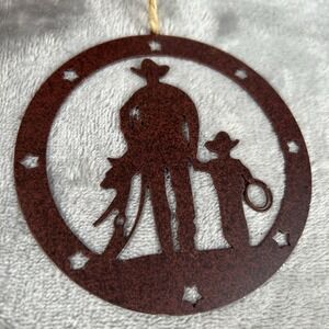 Metal Christmas Ornament Western Silhouette Cowboy & Little Cowboy Scene Round